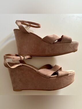 Pour La Victoire Tan Suede Ankle-Strap Wedge Sandals